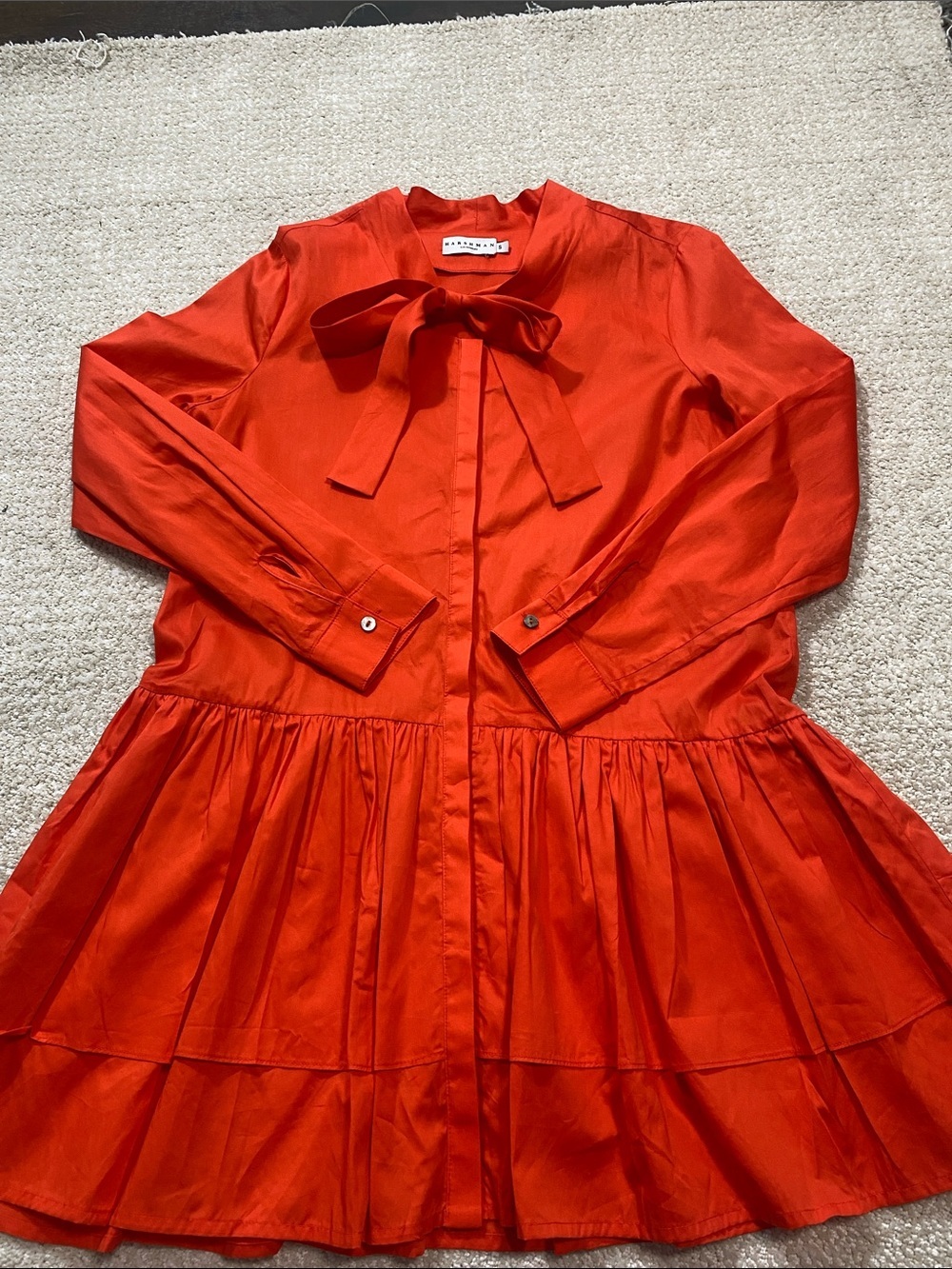 Harshman Tie-Neck Tiered Mini Dress in Vibrant Orange Size S 100% Cotton - Picture 11 of 16